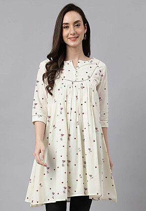 Printed Cambric Cotton Tunic in Off White
