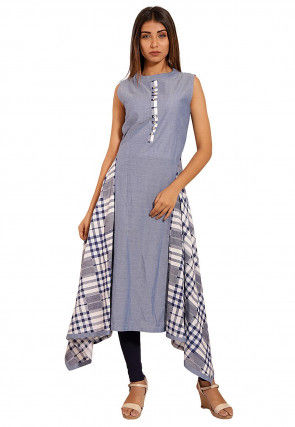 Printed Chambray Side Drop Kurta in Sky Blue