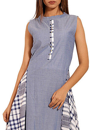 Printed Chambray Side Drop Kurta in Sky Blue