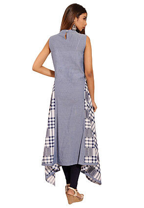 Printed Chambray Side Drop Kurta in Sky Blue