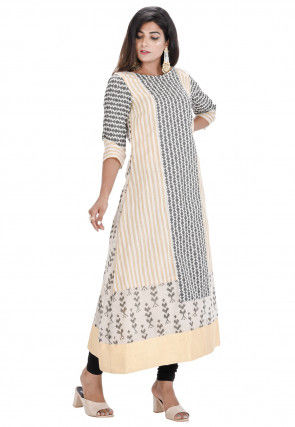 Printed Chanderi Cotton A Line Kurta Set in Off White