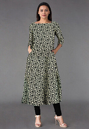 Printed Chanderi Cotton A-line Kurta Set in Black and Off White