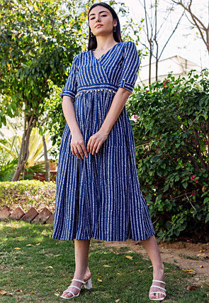 Printed Chanderi Cotton Flared Dress in Royal Blue
