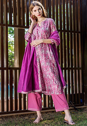 Printed Chanderi Cotton Pakistani Suit in Magenta