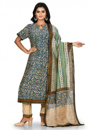 Printed Chanderi Cotton Pakistani Suit in Teal Blue