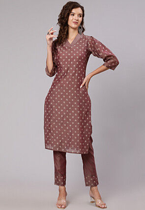 Printed Chanderi Cotton Straight Kurta Set in Brown