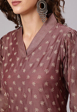 Printed Chanderi Cotton Straight Kurta Set in Brown