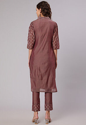 Printed Chanderi Cotton Straight Kurta Set in Brown