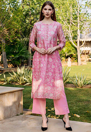 Printed Chanderi Cotton Straight Kurta Set in Pink