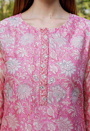 Printed Chanderi Cotton Straight Kurta Set in Pink