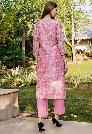 Printed Chanderi Cotton Straight Kurta Set in Pink
