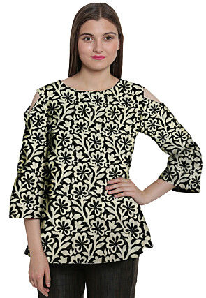 Printed Chanderi Cotton Top in Off White and Black 