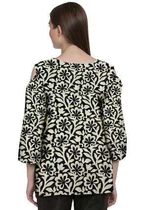 Printed Chanderi Cotton Top in Off White and Black 