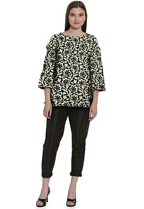 Printed Chanderi Cotton Top in Off White and Black 