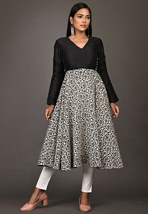 Printed Chanderi Silk A Line Kurta in White and Black