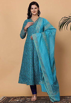 Printed Chanderi Silk A Line Suit in Blue