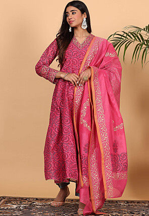 Printed Chanderi Silk A Line Suit in Pink
