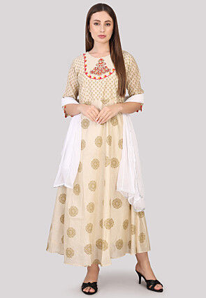 Printed Chanderi Silk Abaya Style Suit in Light Beige