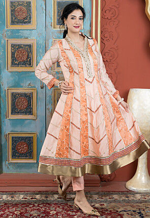 Printed Chanderi Silk Aline Kurta in Peach