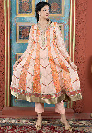 Printed Chanderi Silk Aline Kurta Set in Peach