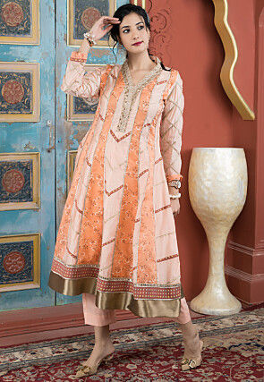 Printed Chanderi Silk Aline Kurta Set in Peach