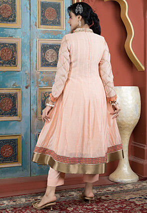 Printed Chanderi Silk Aline Kurta Set in Peach
