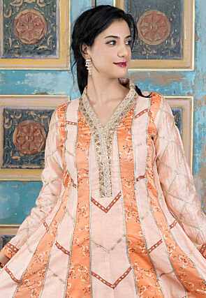 Printed Chanderi Silk Aline Kurta Set in Peach