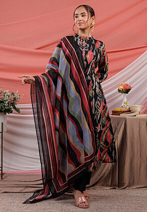 Printed Chanderi Silk Aline Suit in Black