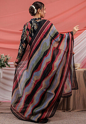 Printed Chanderi Silk Aline Suit in Black