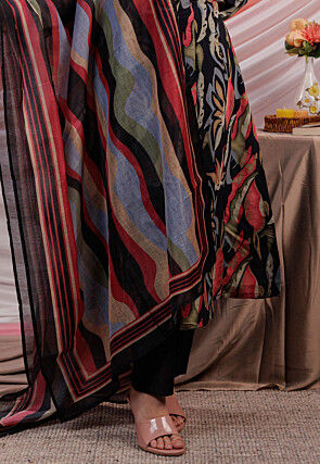 Printed Chanderi Silk Aline Suit in Black