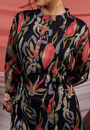 Printed Chanderi Silk Aline Suit in Black