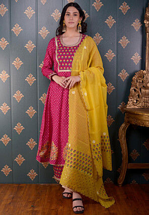 Printed Chanderi Silk Aline Suit in Fuchsia