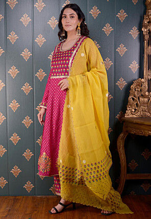 Printed Chanderi Silk Aline Suit in Fuchsia