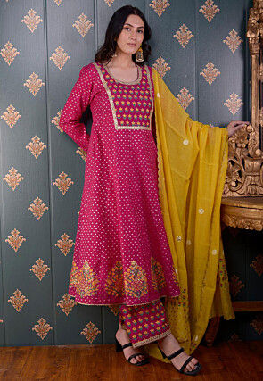 Printed Chanderi Silk Aline Suit in Fuchsia