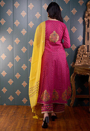 Printed Chanderi Silk Aline Suit in Fuchsia