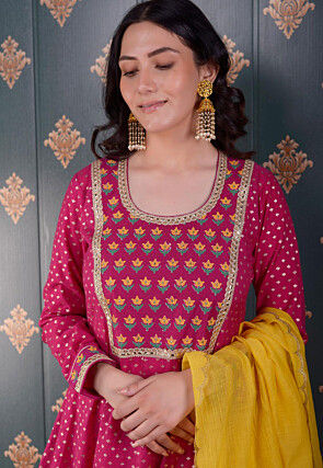Printed Chanderi Silk Aline Suit in Fuchsia