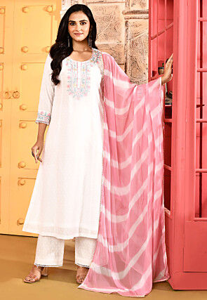 Printed Chanderi Silk Aline Suit in Off White