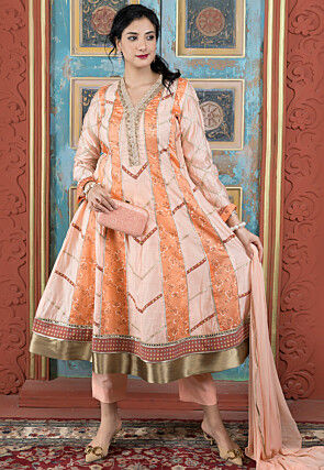 Printed Chanderi Silk Aline Suit in Peach