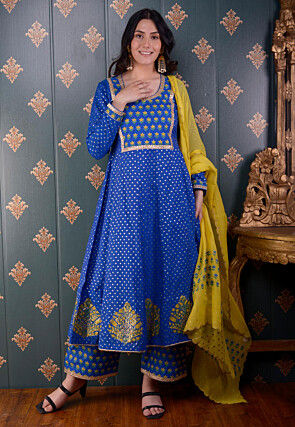 Printed Chanderi Silk Aline Suit in Royal Blue