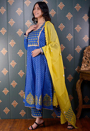Printed Chanderi Silk Aline Suit in Royal Blue