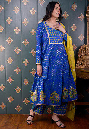 Printed Chanderi Silk Aline Suit in Royal Blue