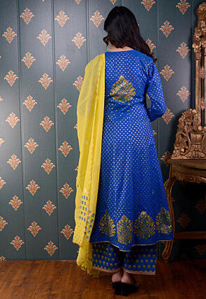 Printed Chanderi Silk Aline Suit in Royal Blue