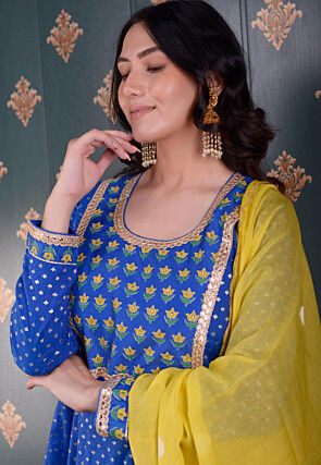 Printed Chanderi Silk Aline Suit in Royal Blue
