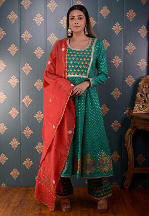 Printed Chanderi Silk Aline Suit in Teal Green