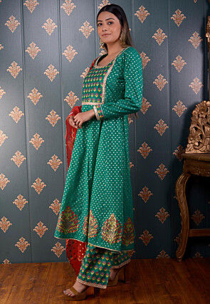 Printed Chanderi Silk Aline Suit in Teal Green