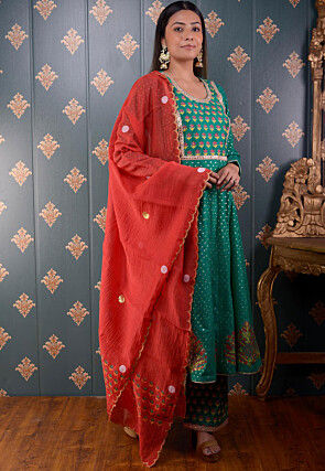 Printed Chanderi Silk Aline Suit in Teal Green