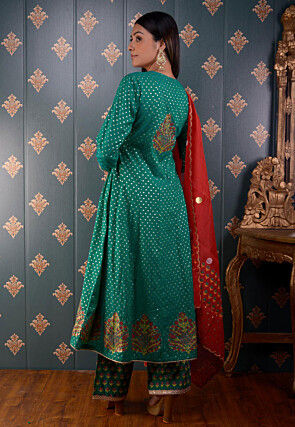 Printed Chanderi Silk Aline Suit in Teal Green
