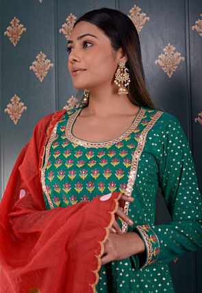 Printed Chanderi Silk Aline Suit in Teal Green