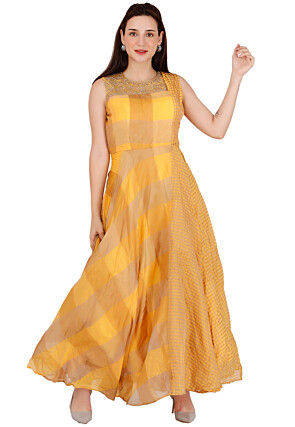 Printed Chanderi Silk Gown in Yellow