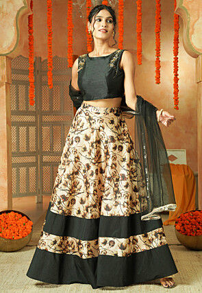 Printed Chanderi Silk Lehenga in Beige and Black